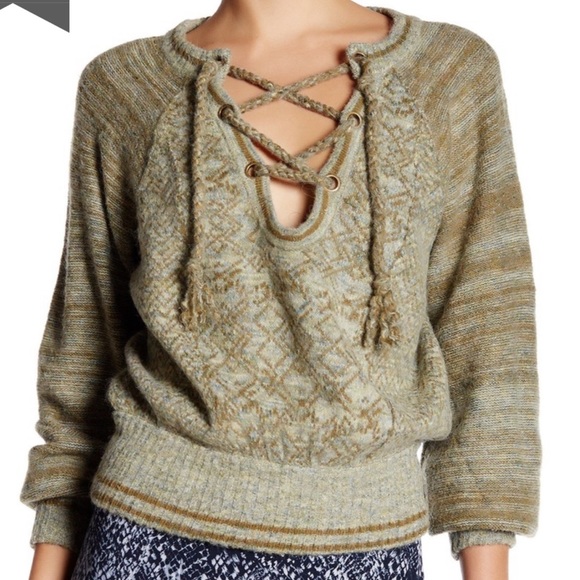 Green Split Vneck Laceup Sweater L 